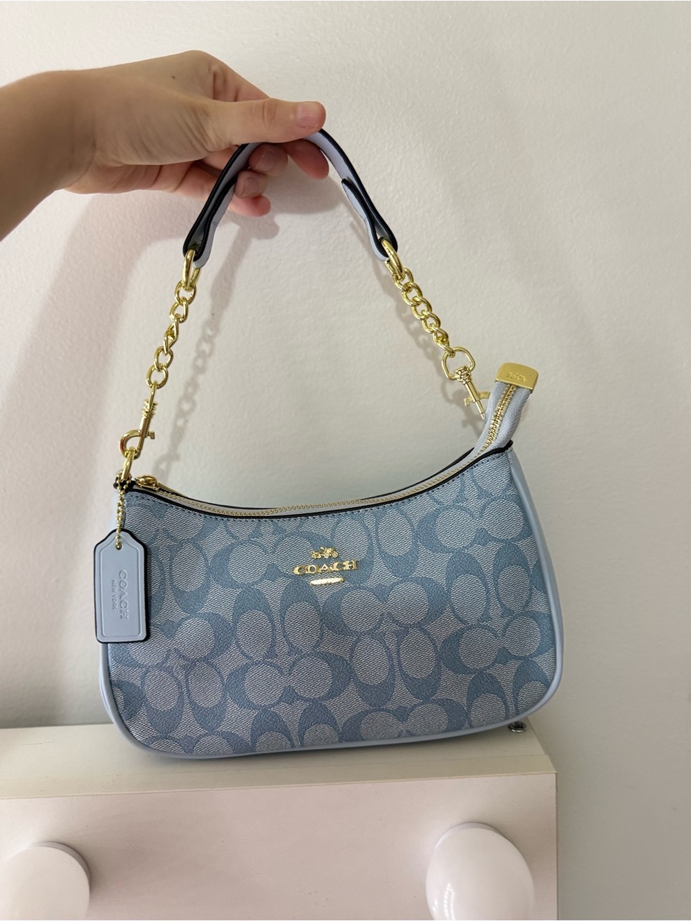 Coach Light Blue Signature Canvas Shoulder Bag with Gold Hardware